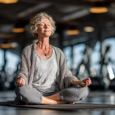 Літня жінка займається йогою на природі