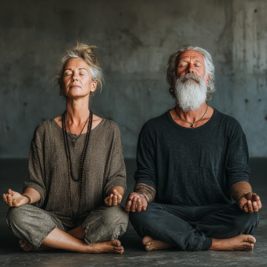 Група літніх людей займається йогою в парку